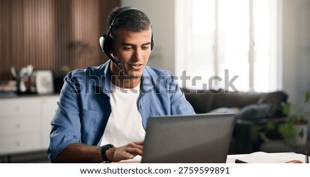 Laptop, remote work or man with headset in home, problem solving or consulting for troubleshooting advice. Tech, talking or virtual assistant with help desk for customer support, freelance or contact