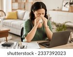 Laptop, remote work and sick woman in home office with flu, cold or viral infection in her house. Freelance, sneeze and lady online with allergy, virus or burnout, sinusitis or hayfever while typing