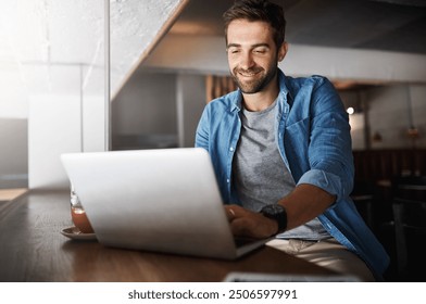 Laptop, remote work and smile with man in cafe for networking or planning online. Computer, information and reading with happy freelance employee in coffee shop as customer for hospitality or service - Powered by Shutterstock