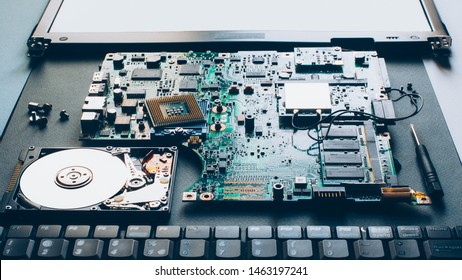 Laptop Repair. Disassembled Computer Parts. PC Electronic Components. Closeup Of Keyboard, Hdd, Motherboard Cpu