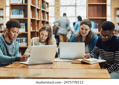 Laptop, report and friends learning at library for education, knowledge or test preparation in college. University students, people and study on computer for help, project notes and online research