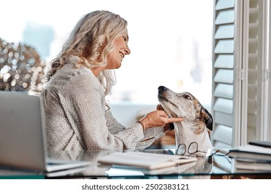 Laptop, retirement planning and senior woman with dog in home office for pension or wealth management. Computer, love or smile with elderly person and pet in apartment for friendship or loyalty - Powered by Shutterstock