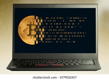 Laptop screen, Bitcoin with technology binary code. Digital binary data and secure data with number 0 and 1. Cryptocurrency future Technology background for hackathon and other digital events.  