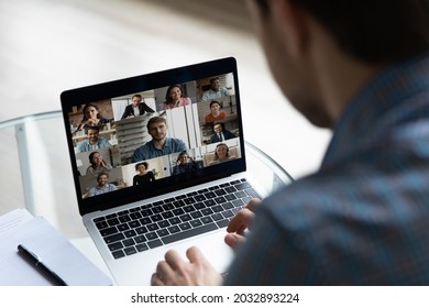 Laptop screen with business group video call head shots. Team meeting on virtual conference, chatting online, discussing work. Students, audience attending teachers webinar, coaching, remote training