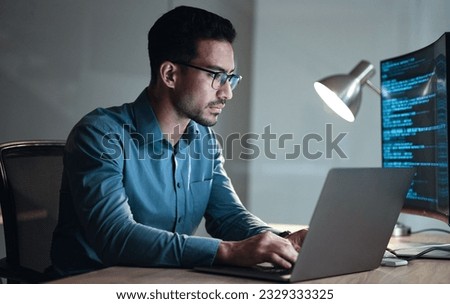 Laptop, screen and business man for coding, software development and programming script in cybersecurity. Night, computer research and programmer or IT person with html code, system or data analysis