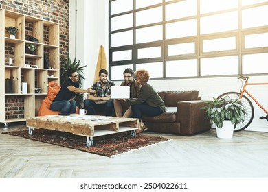 Laptop, screen and business people and discussion in office for research, presentation and review. Mockup space, tech and developer with meeting for software development, ui and open source planning