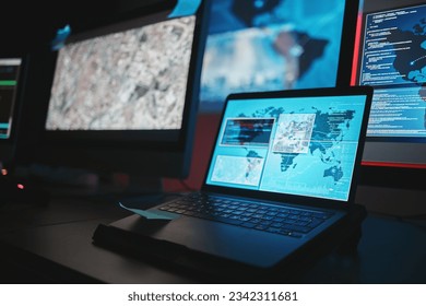 Laptop screen, cybersecurity and technology background for night surveillance, data protection or worldwide coding. Gdpr, satellite hacking and software development on computer monitor and global map - Powered by Shutterstock - Get 15% off with code: PIKWIZARD15