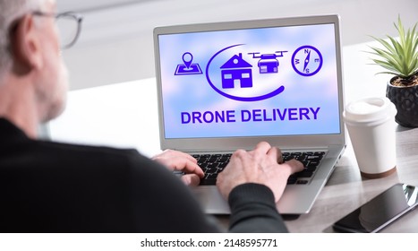 Laptop Screen Displaying A Drone Delivery Concept