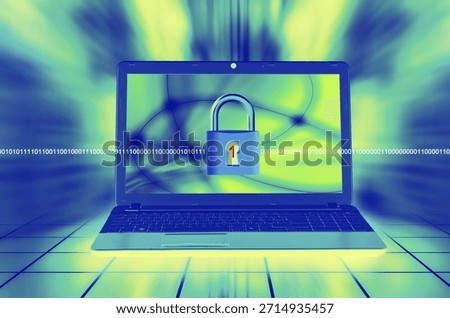 A laptop screen displays a padlock with binary code, symbolizing digital security and cybersecurity themes