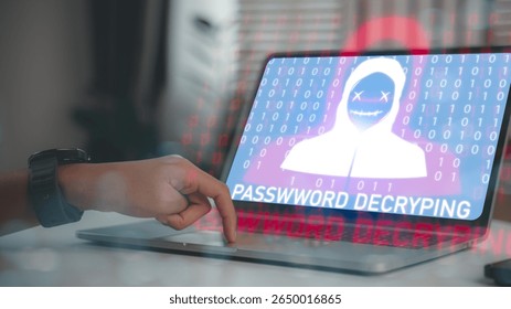 Laptop screen with hacker icon and binary code showing password decryption warning, symbolizing cyber attack, data breach, and digital security risk.