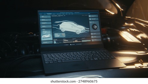 Laptop Screen, Positioned Inside Engine Bay, Displays Sophisticated 3D Wireframe Model of Car, Allowing For Detailed Inspection of Internal Components Like Engine, Chassis, and Battery Systems. - Powered by Shutterstock - Get 15% off with code: PIKWIZARD15