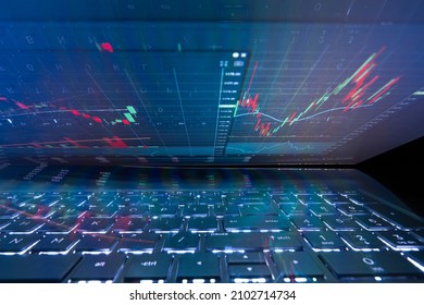 Laptop screen with stock market charts. Technical analysis and fundamental indicators of stock quotes in the trading terminal. Japanese candlesticks and company tickers. - Shutterstock ID 2102714734