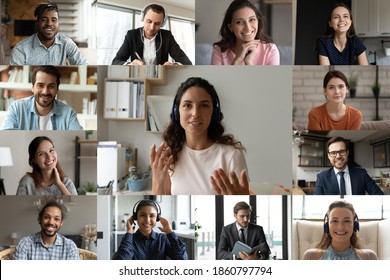 Laptop screen view group of happy young international company. Employees partners communicating distantly using modern video conference tech application. Discussing working issues together online. - Shutterstock ID 1860797794