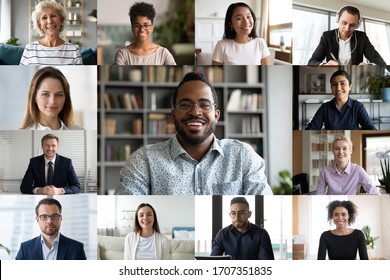 Laptop screen webcam view different ethnicity and age people engaged in group videocall. Video conference lead by african businessman leader. Modern technology, easy convenient on-line meeting concept - Powered by Shutterstock