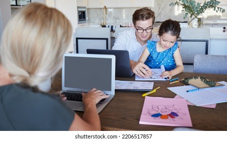 Laptop screen, work from home with family, parents and children for productivity, work life balance and learning together at table. Remote work of business woman mother with father and kid drawing - Powered by Shutterstock