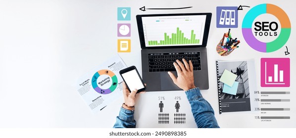 Laptop, seo infographic and person working with statistics and data analysis on mobile app for planning business or startup. Smartphone, businessman and overlay of market research or information - Powered by Shutterstock