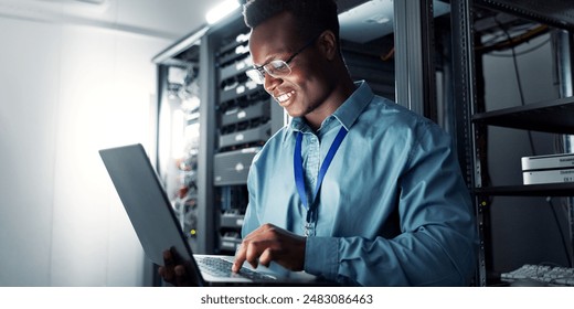 Laptop, server room and black man on network for database maintenance, programming software or typing. Tech, data center and happy engineer on system for information, cybersecurity or cloud computing - Powered by Shutterstock