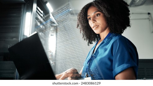 Laptop, server room and technician programming software, update or system network overlay. Technology, data center or woman on database for information, cyber security or code for ai cloud computing - Powered by Shutterstock