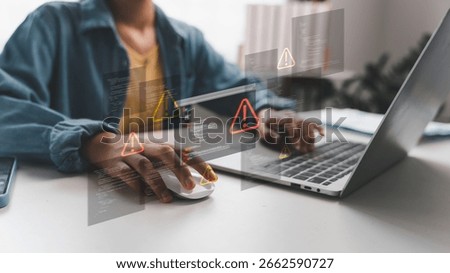Laptop showing coding errors and warning icons, symbolizing hacker attack, phishing, cyber threat, and malware. Concept for cybersecurity, digital risk, and system vulnerability protection.