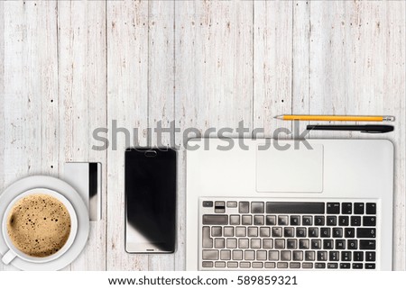 Similar – Desktop office mix on a wooden table