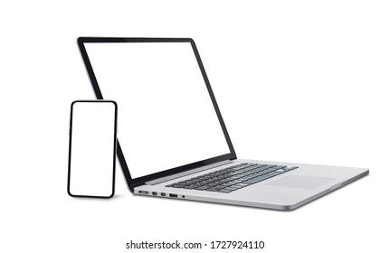 Laptop And Smart Phone With Blank Screen Isolated On White Background With Clipping Path.