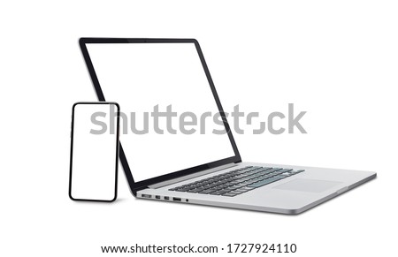 Laptop and smart phone with blank screen isolated on white background with clipping path.