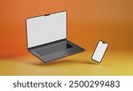 Laptop and smartphone isolated on yellow and orange gradient background. 3D rendering of laptop with copy space. Side view of notebook and phone with white screens