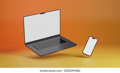 Laptop and smartphone isolated on yellow and orange gradient background. 3D rendering of laptop with copy space. Side view of notebook and phone with white screens - Powered by Shutterstock