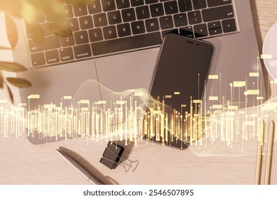 Laptop, smartphone, pen on a light desk with financial candlestick chart overlay. Bright lighting, office setting. Concept of digital financial data analysis - Powered by Shutterstock