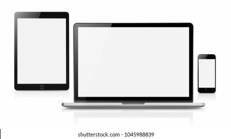 Laptop Smartphone And Tablet Mockup With Blank Screen Isolated On White Background, Concept Mockup. Copyspace For Text.