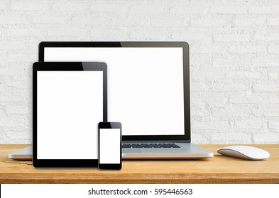 Laptop Smartphone And Tablet Mockup With Blank Screen On Table, Concept Mockup.