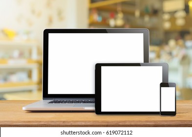 Laptop Smartphone And Tablet Mockup With Blank Screen On Table, Concept Mockup.