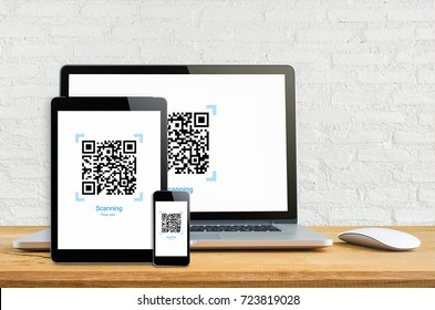 Laptop Smartphone And Tablet Mockup With Realistic QR Code On White Wall, Gadget And Bar Code Information.