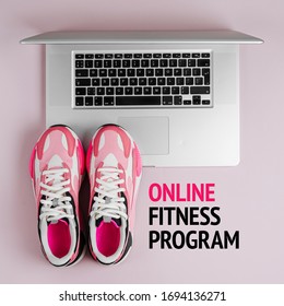 Laptop And Sneakers On A Pink Background. Online Fitness Program. Home  Workout. Top View, Flat Lay