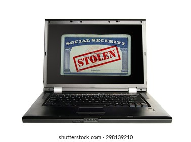 Laptop With A Social Security Card And Stolen Text In Red -- Identity Theft Concept