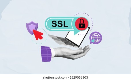 Laptop with SSL badge, red lock icon, shield, and hand gesture on light background, representing online encryption and cybersecurity concept