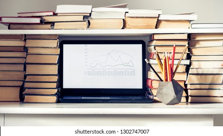 Laptop, Stack Of Books, Notebooks And Pencils On White Table, Education Office Concept Background