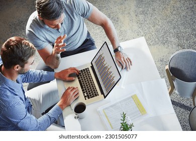 Laptop statistics, communication and business people teamwork on data analysis, accounting or research. Bar graph, cooperation and top view of collaboration team working on chart analytics review - Powered by Shutterstock - Get 15% off with code: PIKWIZARD15
