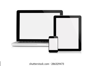 Laptop, tablet and mobile phone - This is a front view of Macbook Pro, iPhone and iPad Apple Inc with blank screen, isolated on white.