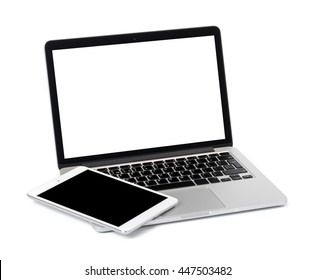 Laptop with tablet on white background isolated