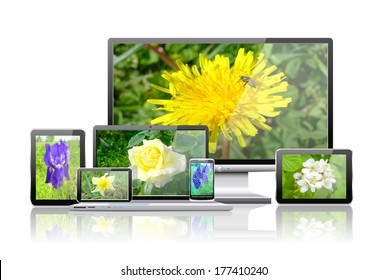 Laptop, Tablet Pc, Mobile Phone, TV And Navigator With Flower  Wallpaper Are Shown In The Image.