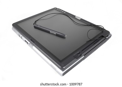 laptop tablet pc with pen on top, isolated image