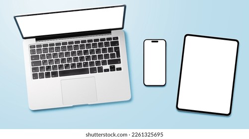 Laptop, tablet and smartphone with blank screen on blue background. Flat lay with copy space - Powered by Shutterstock
