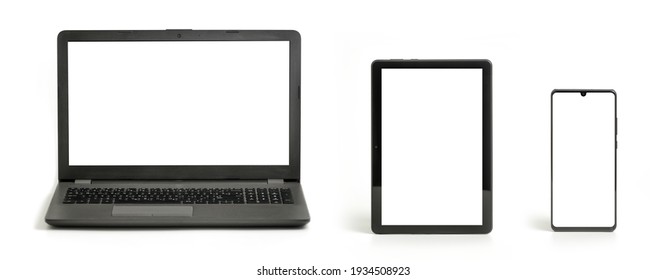 Laptop, Tablet And Smartphone Isolated On White Background - Front View, Each One Is Shot Separately