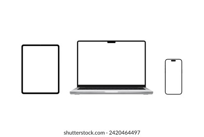 Laptop, tablet, and smartphone with isolated screens for app or web page presentation mockups. Versatile devices for design creation, showcasing innovation and technology in a modern workspace - Powered by Shutterstock