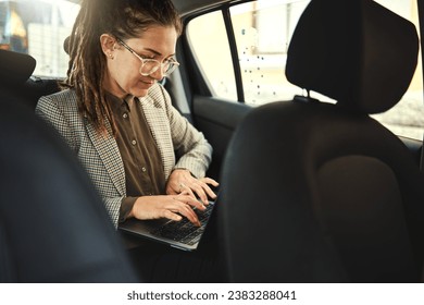 Laptop, taxi travel or professional woman typing online website search, reading schedule information or check agenda. Morning commute trip, car passenger and business person research on urban journey
