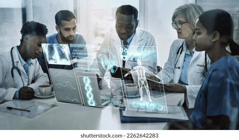 Laptop, team work or doctors in meeting with 3d holographic overlay for anatomy research in hospital. Data analysis, ai or medical healthcare workers working together to help science development - Powered by Shutterstock