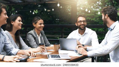 Laptop, teamwork and business people in outdoor cafe for digital report, brainstorming and strategy meeting. Employees, computer and network in coffee shop for online project, collaboration and ideas - Powered by Shutterstock