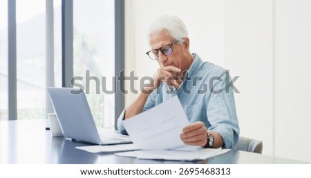 Laptop, thinking and old man with documents, financial analysis and bills with retirement fund. Pc, home and senior person with paperwork, debt and asset management with insurance policy and decision