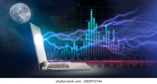 Laptop with thunderbolt-like growth graph chart and the moon night background.Financial Graph.Stock Market chart. Investment Business Internet Technology - Powered by Shutterstock - Get 15% off with code: PIKWIZARD15